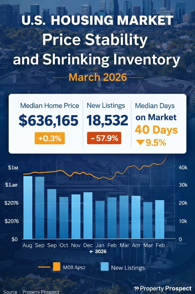U.S. Housing Market infographic: Price stability and shrinking inventory, March 2026. Key metrics: Median home price $636,165 (+0.3%), New listings 18,532 (-57.9%), Median days on market 40 days (9.5% improvement).