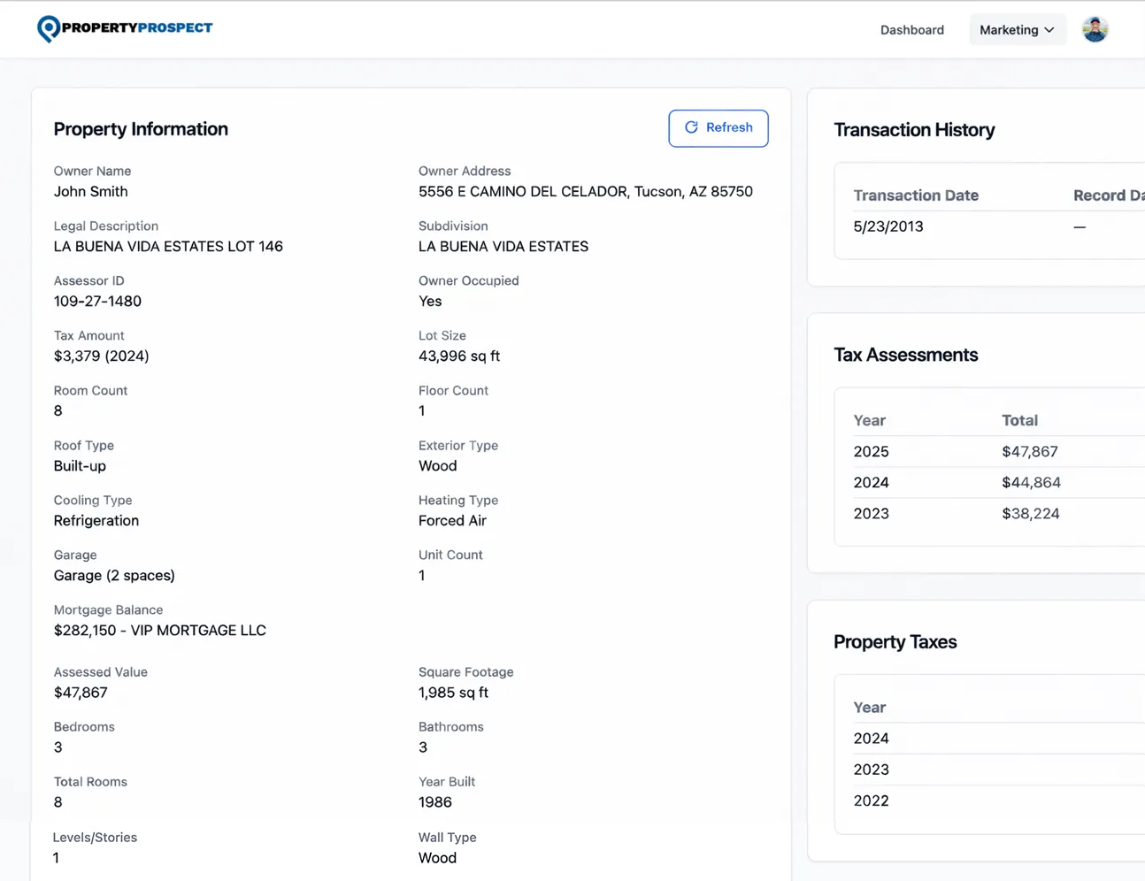 Property detail page with structured property data
