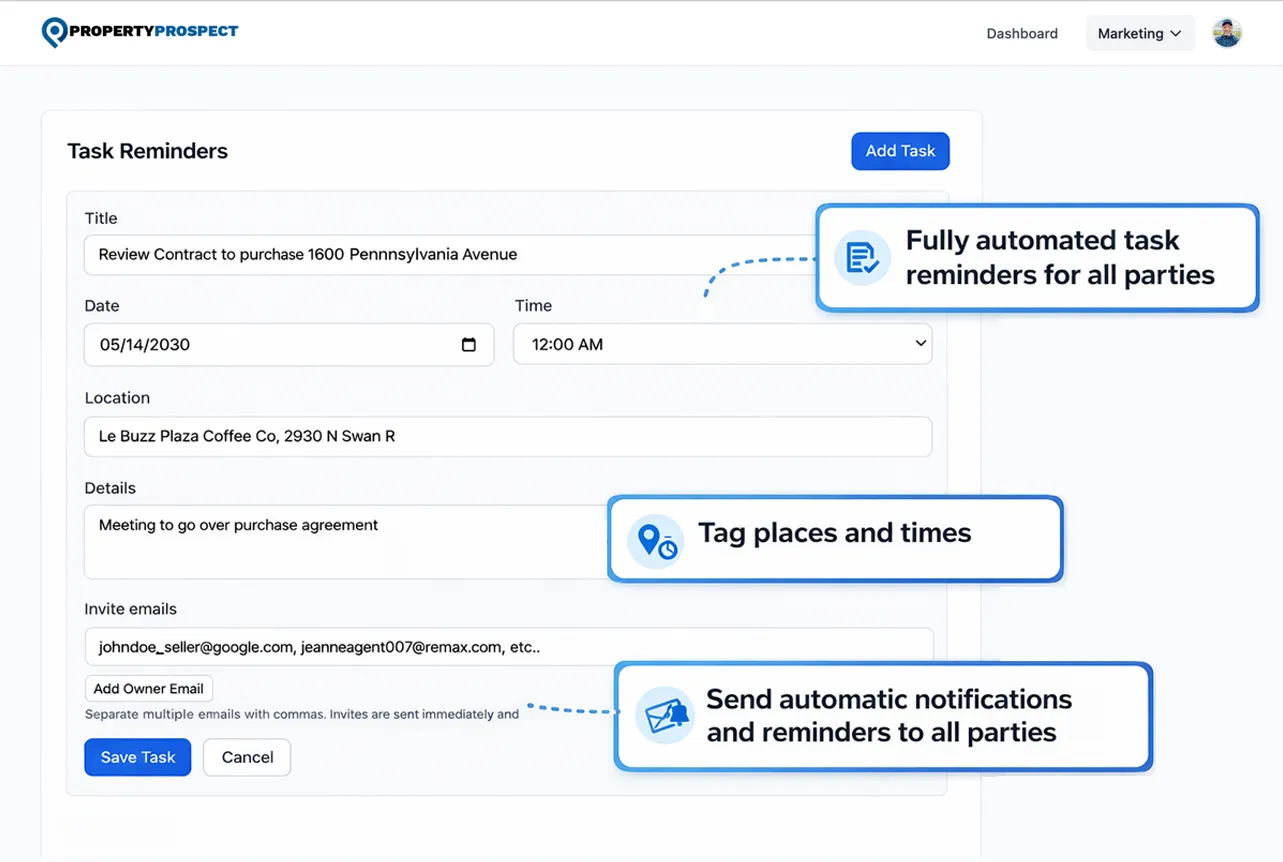 Task reminders and alerts panel inside a deal view