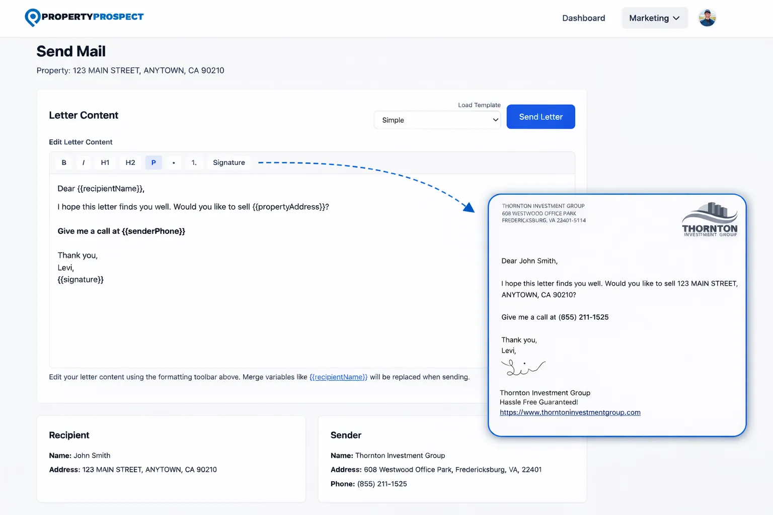 Campaign settings showing mail frequency, credit usage, and status