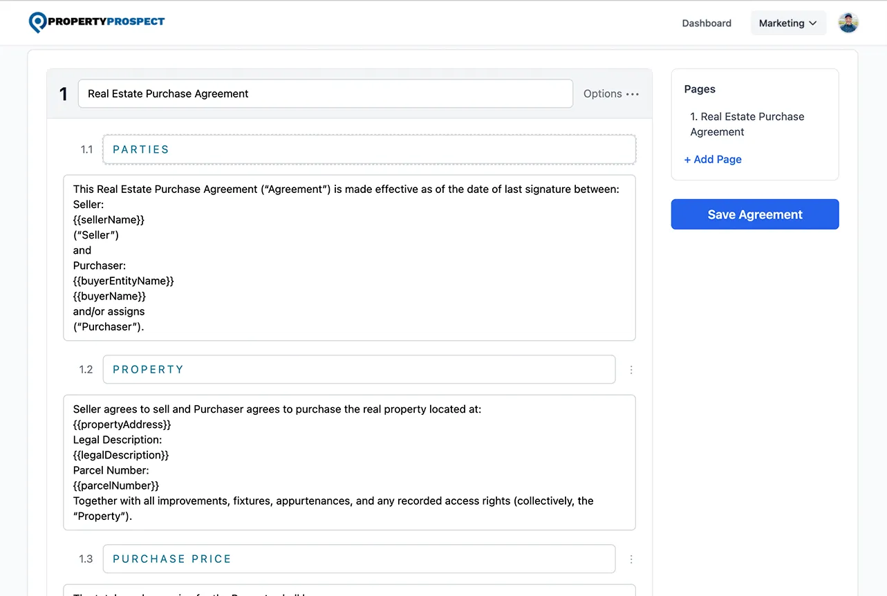 Contract creation screen with property lookup and contract terms
