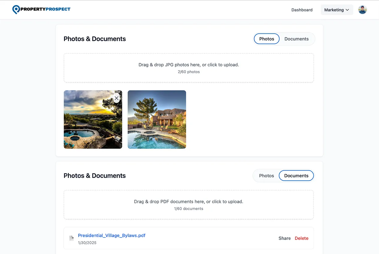 Deal page showing document storage and photos area