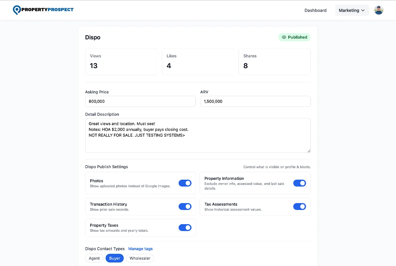 Dispo deals dashboard with public deal profile preview